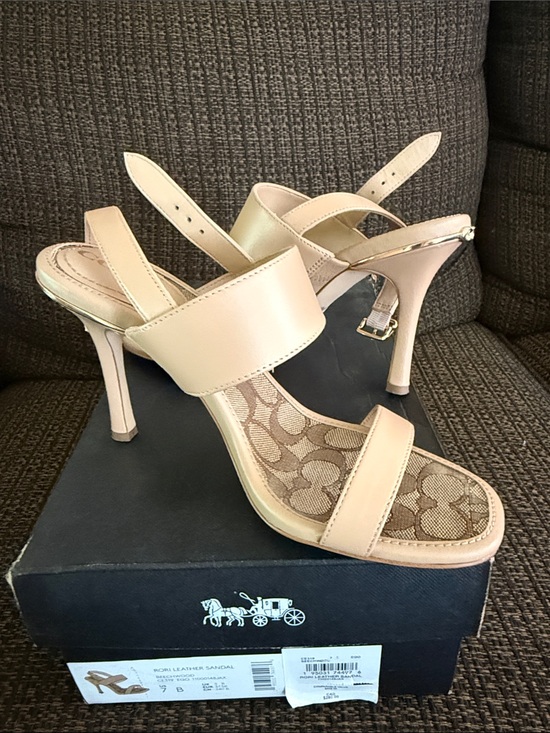 Coach Shoes - Coach Rori Leather Sandal Beige/Tan Signature Strap High Heel Sandals
